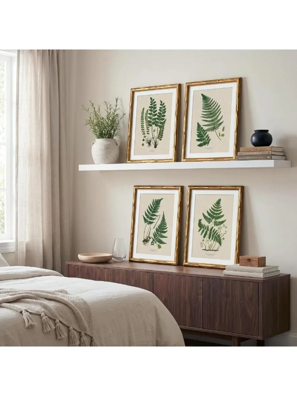 Vintage Botanical Wall Art Set - 4pcs Bamboo Framed Fern Prints, 11x14